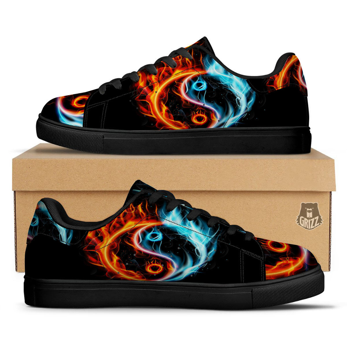 Yin Yang Flaming Print Black Low Top Sneakers-grizzshop