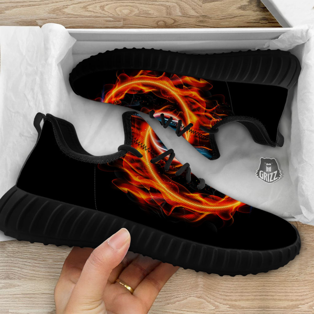 Yin Yang Flaming Print Black Walking Shoes-grizzshop