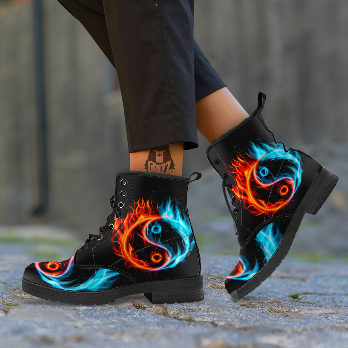 Yin Yang Flaming Print Leather Boots-grizzshop