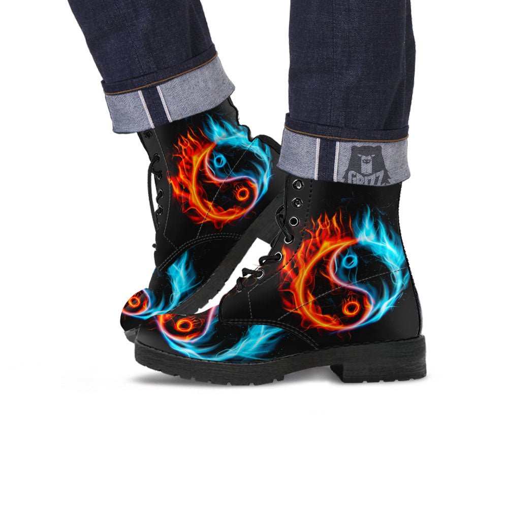 Yin Yang Flaming Print Leather Boots-grizzshop