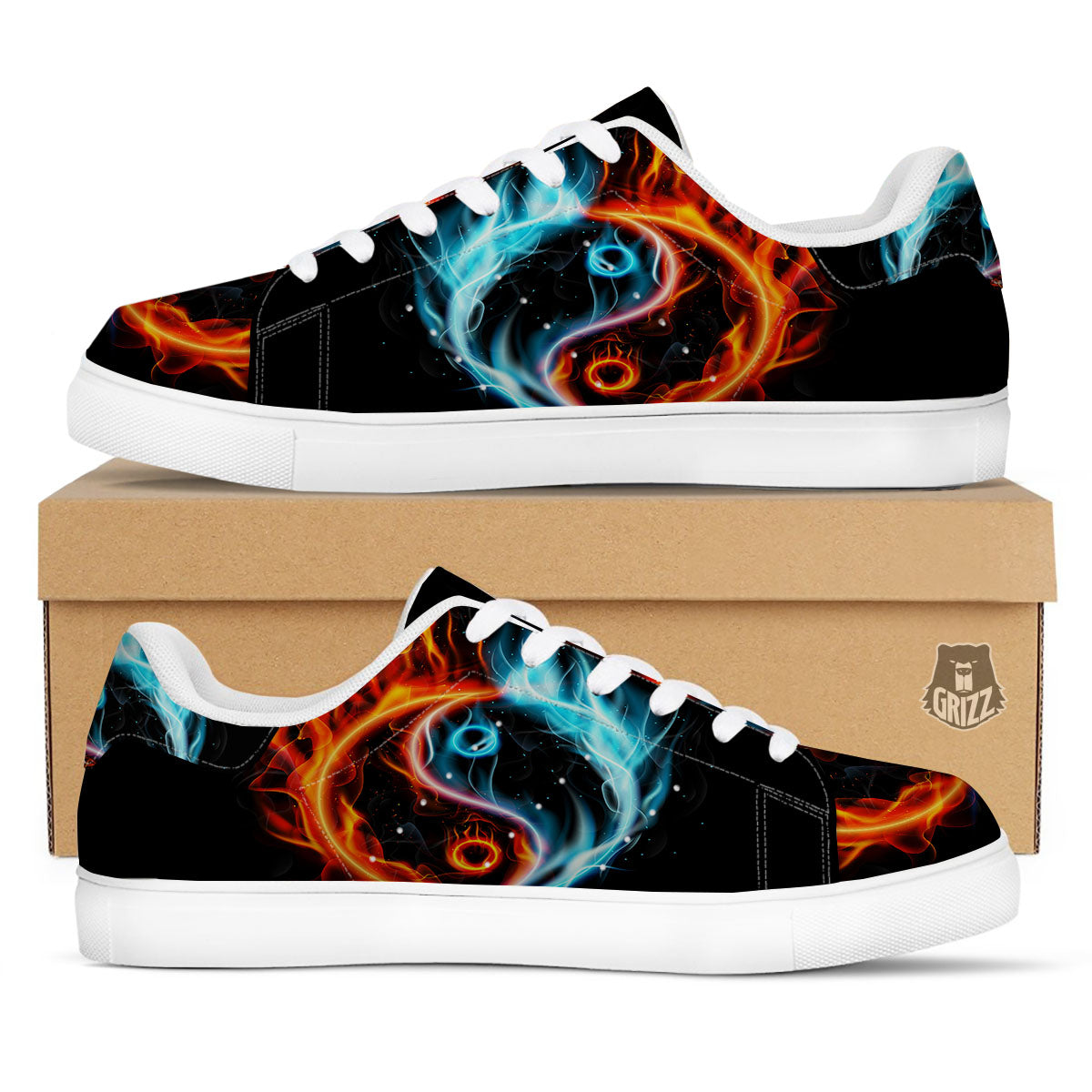 Yin Yang Flaming Print White Low Top Sneakers-grizzshop