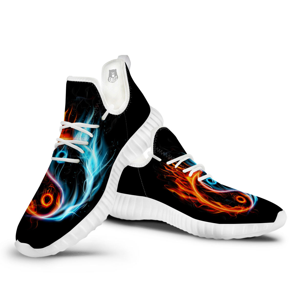 Yin Yang Flaming Print White Walking Shoes-grizzshop