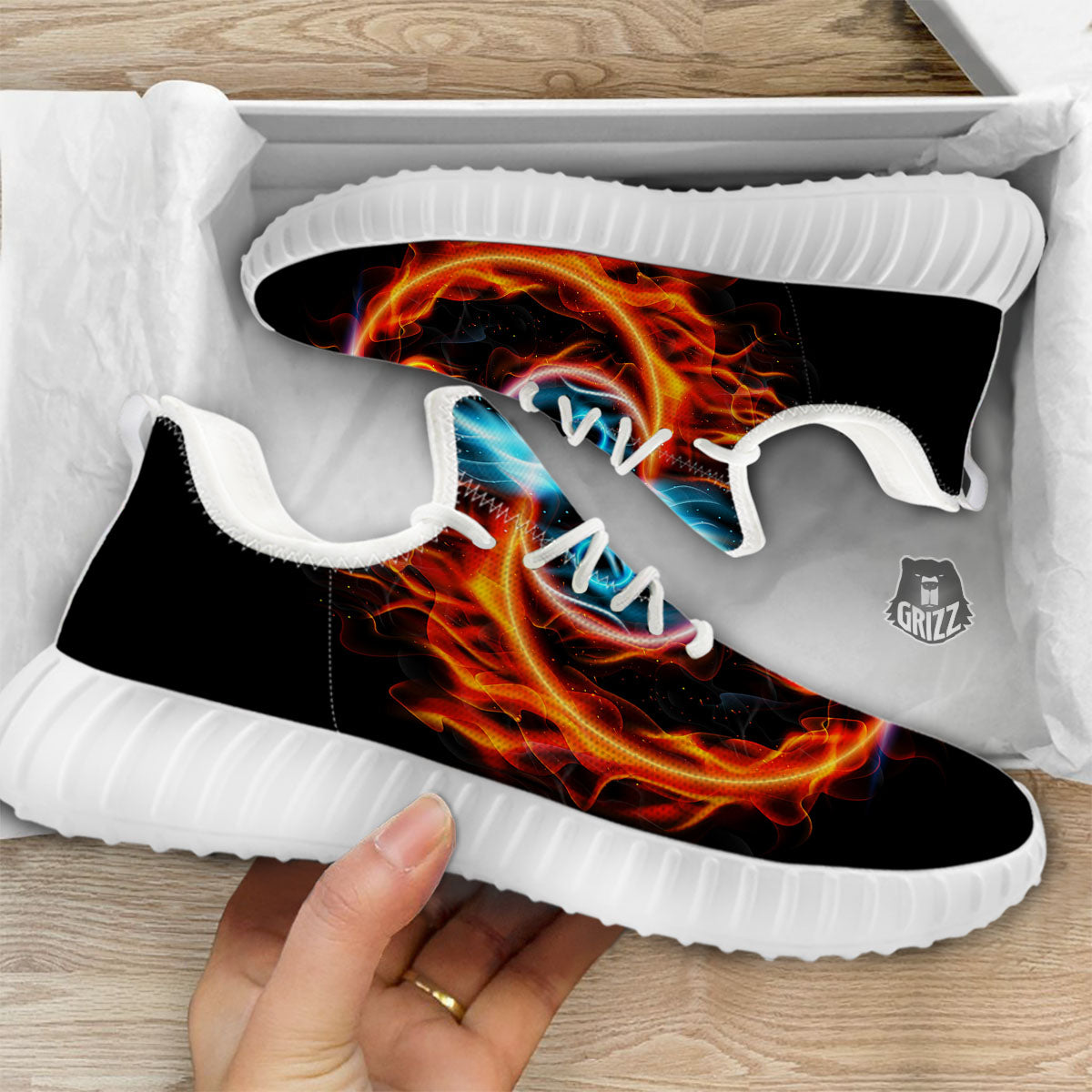 Yin Yang Flaming Print White Walking Shoes-grizzshop