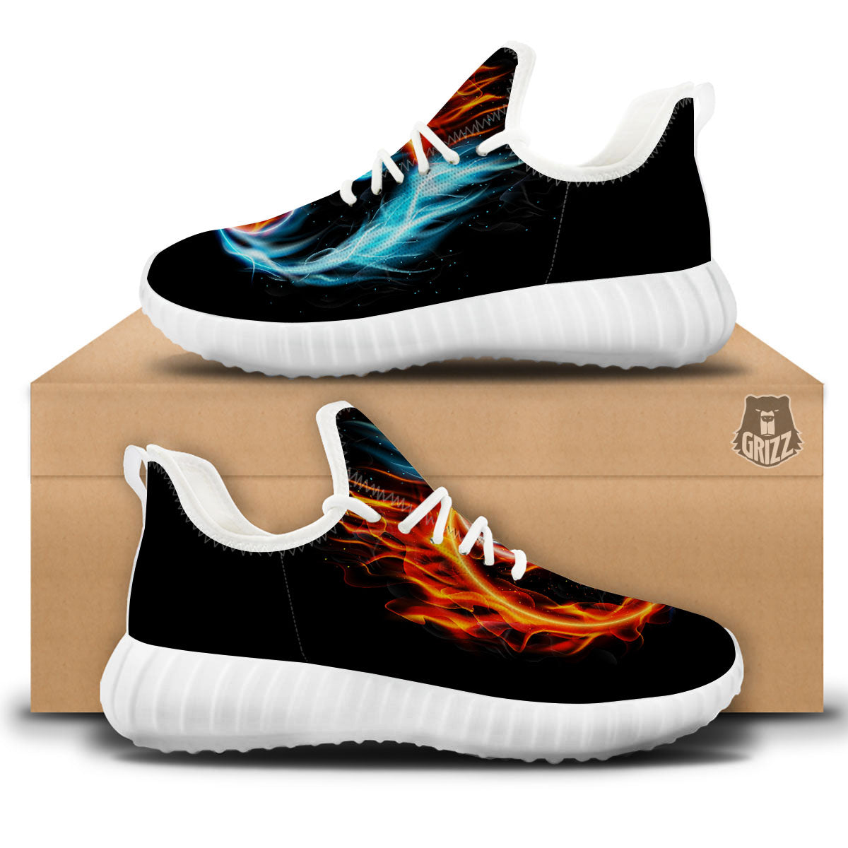 Yin Yang Flaming Print White Walking Shoes-grizzshop