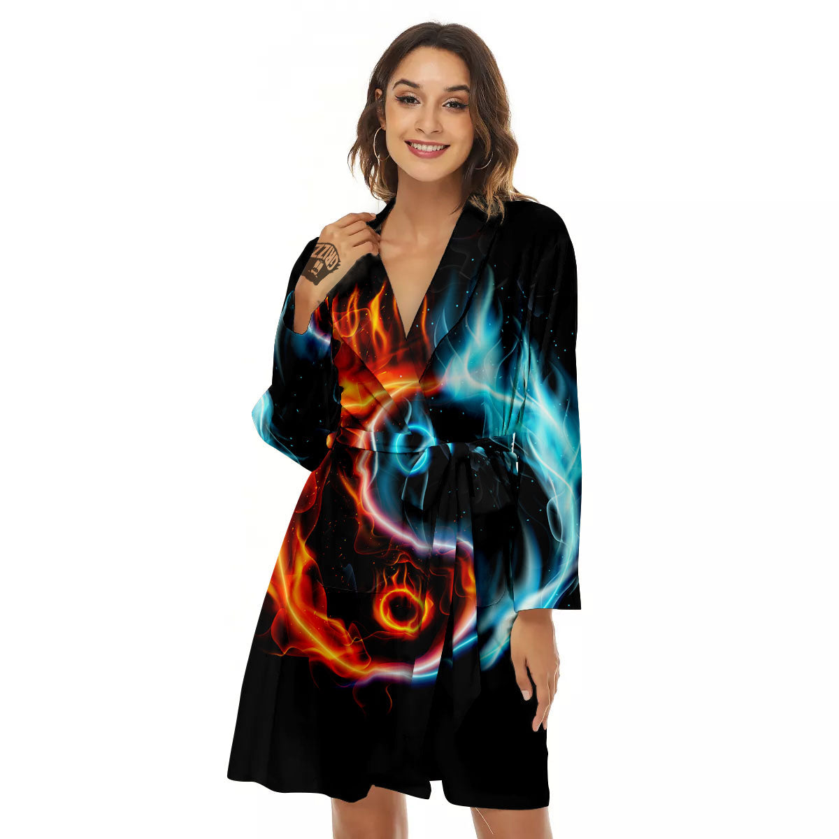 Yin Yang Flaming Print Women's Robe-grizzshop