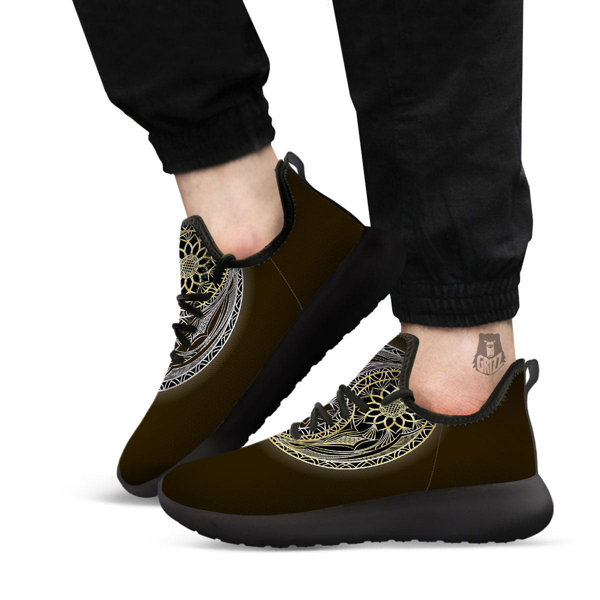 Yin Yang Flower Grey And Gold Print Black Athletic Shoes-grizzshop