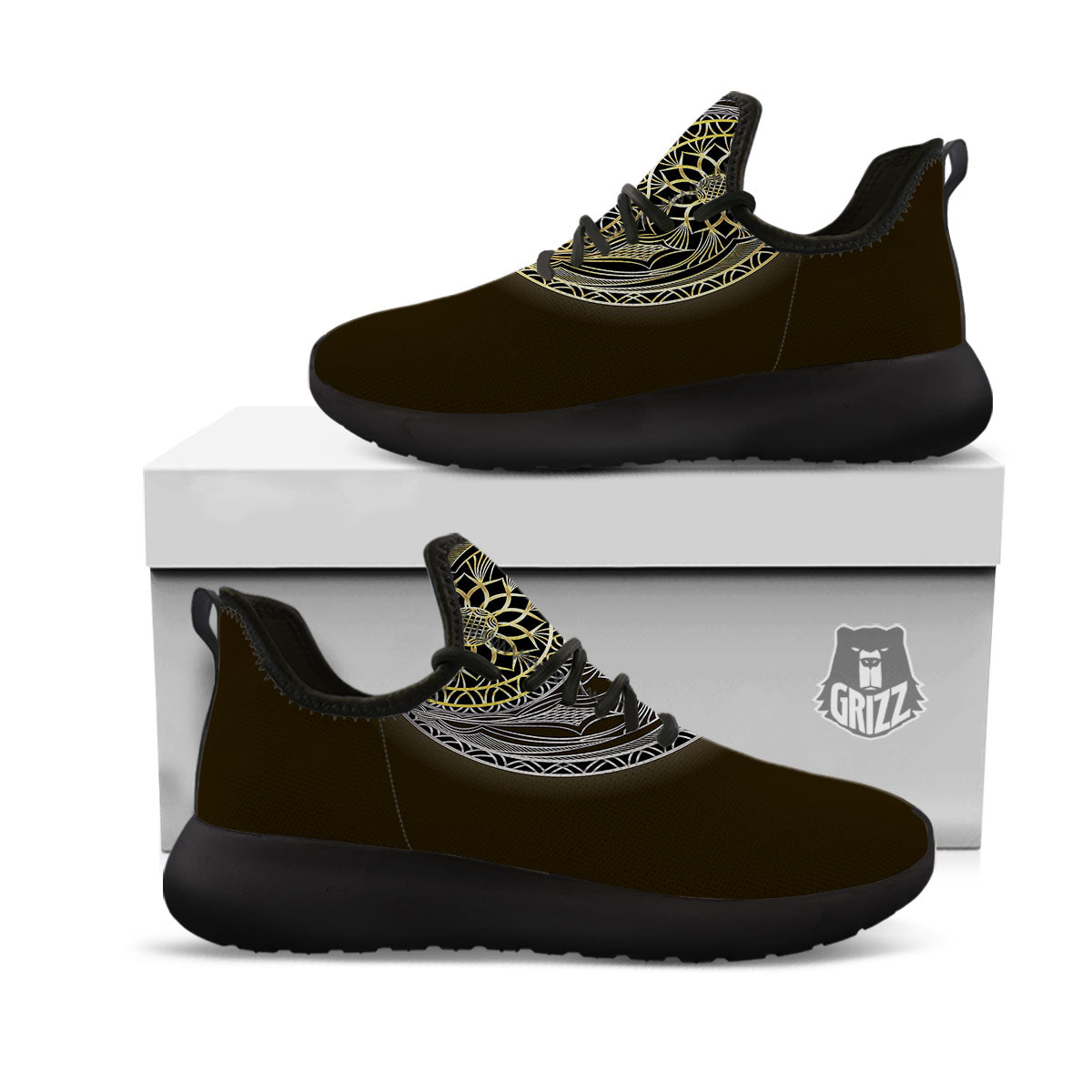 Yin Yang Flower Grey And Gold Print Black Athletic Shoes-grizzshop