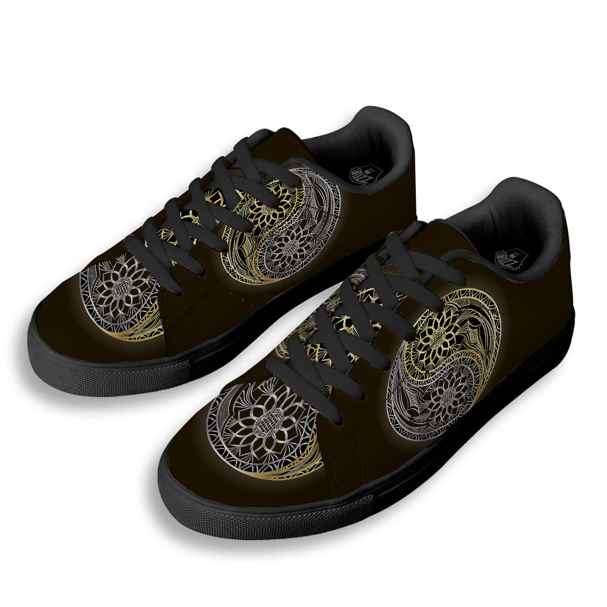 Yin Yang Flower Grey And Gold Print Black Low Top Sneakers-grizzshop