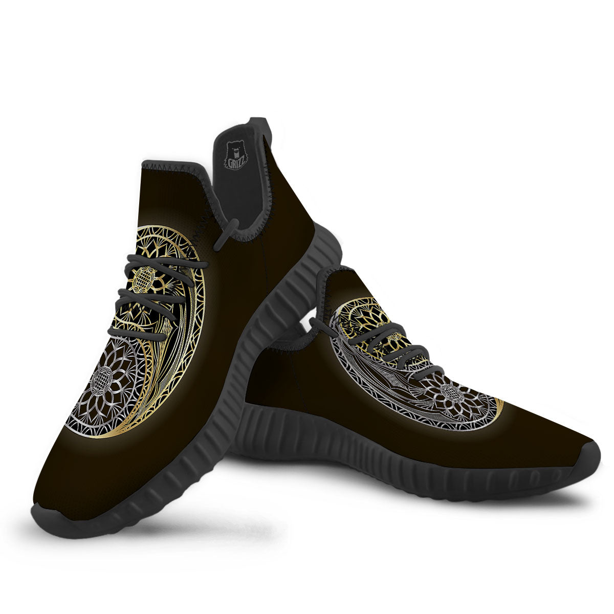 Yin Yang Flower Grey And Gold Print Black Walking Shoes-grizzshop