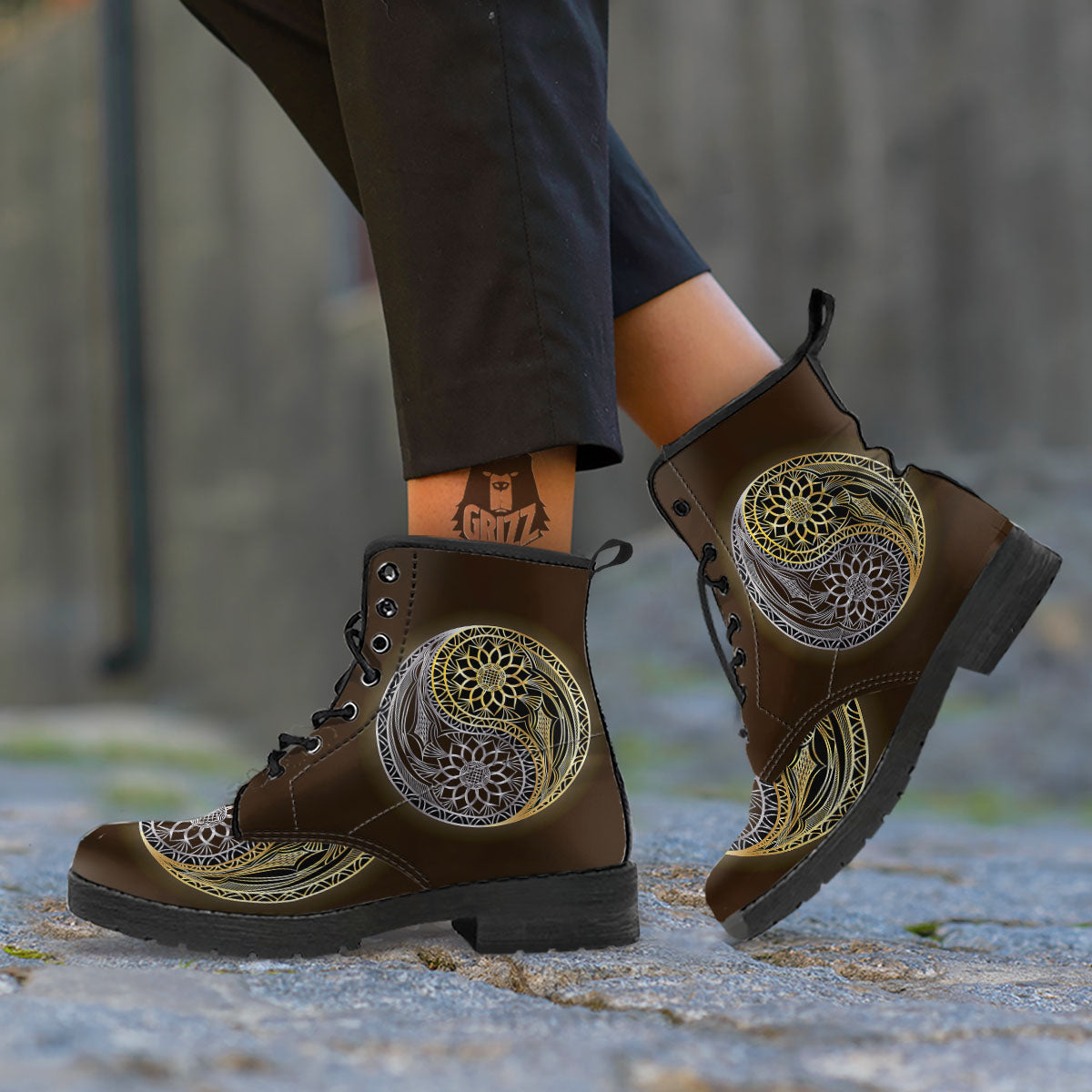 Yin Yang Flower Grey And Gold Print Leather Boots-grizzshop