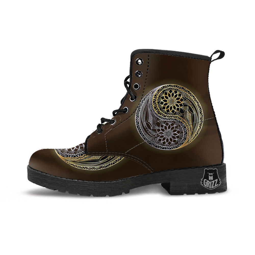 Yin Yang Flower Grey And Gold Print Leather Boots-grizzshop