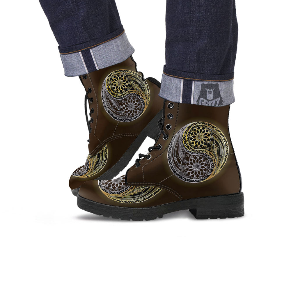 Yin Yang Flower Grey And Gold Print Leather Boots-grizzshop
