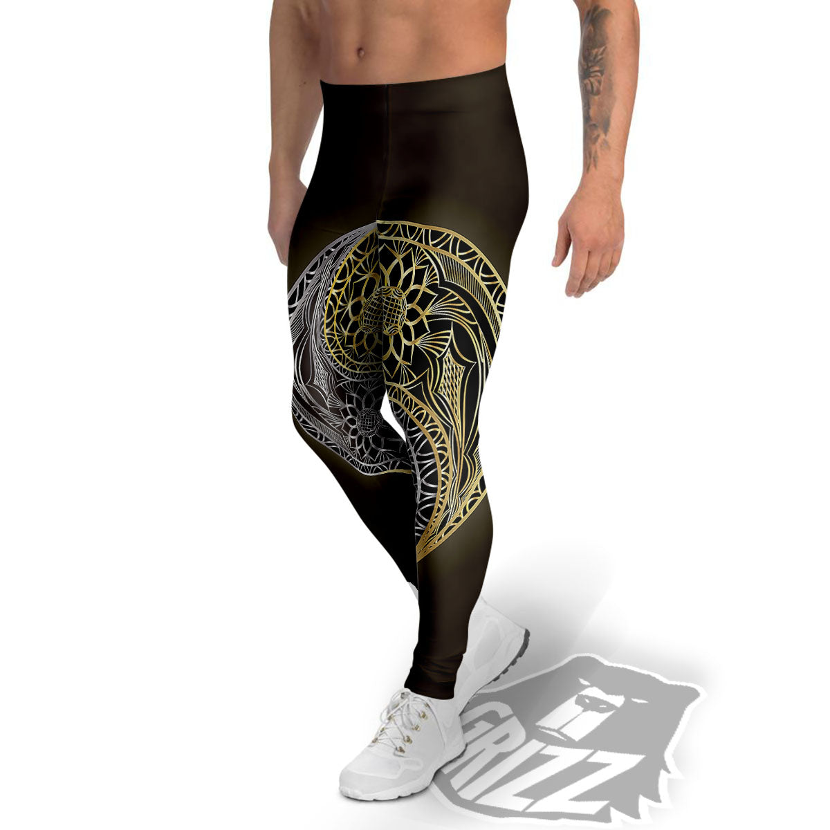 Yin Yang Flower Grey And Gold Print Men's Leggings-grizzshop