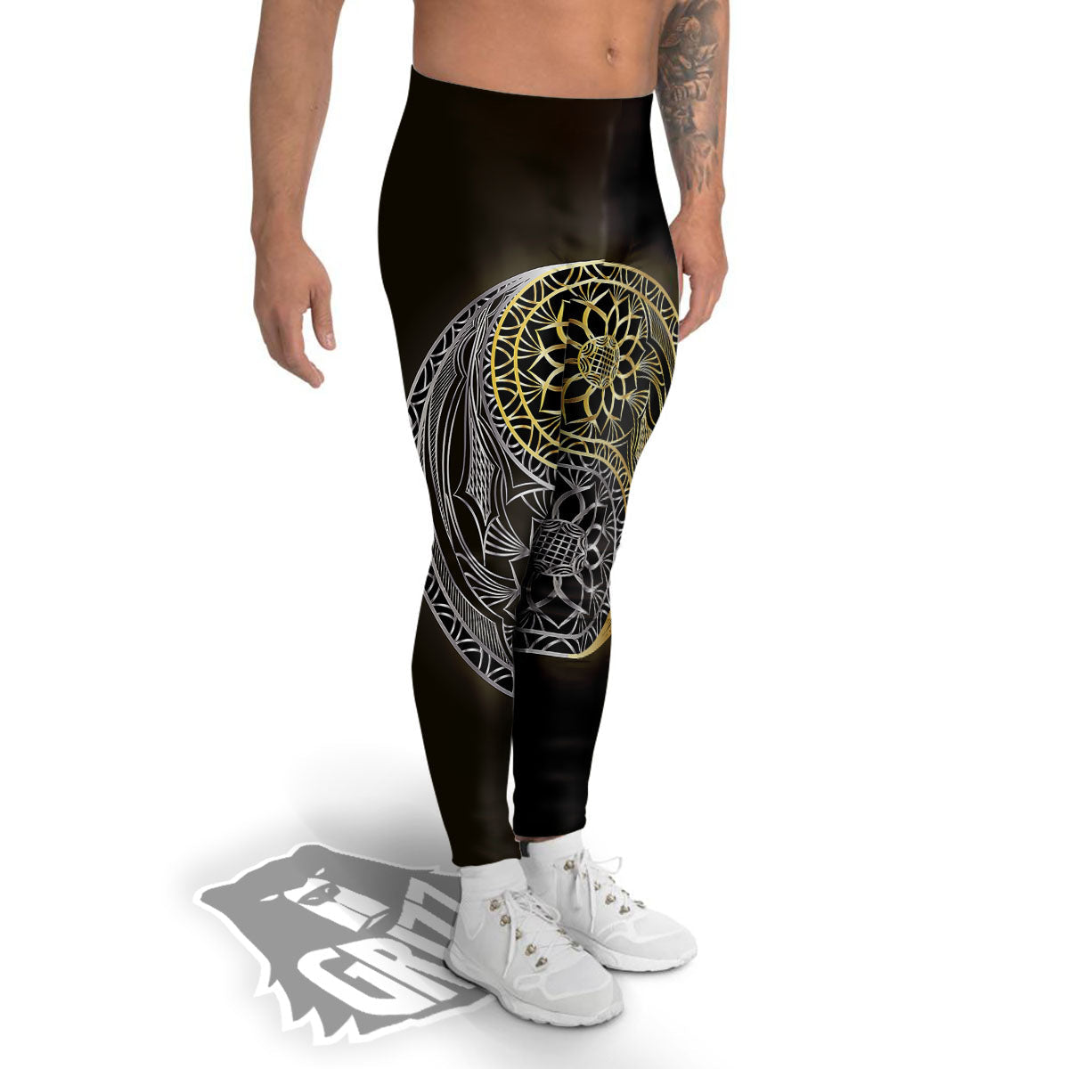 Yin Yang Flower Grey And Gold Print Men's Leggings-grizzshop