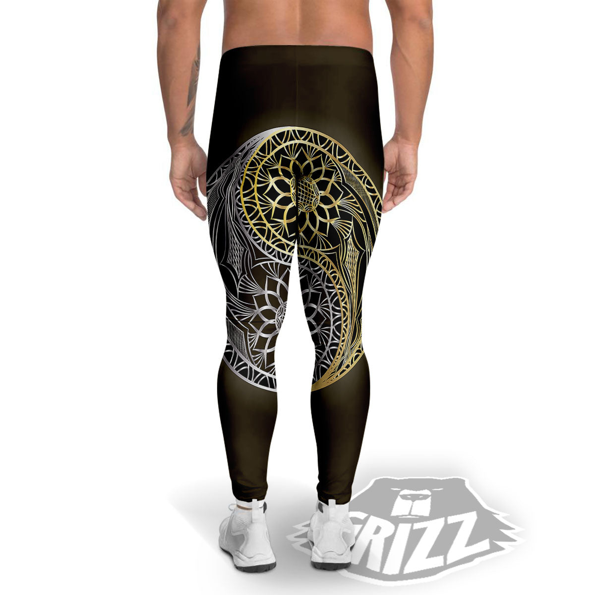 Yin Yang Flower Grey And Gold Print Men's Leggings-grizzshop