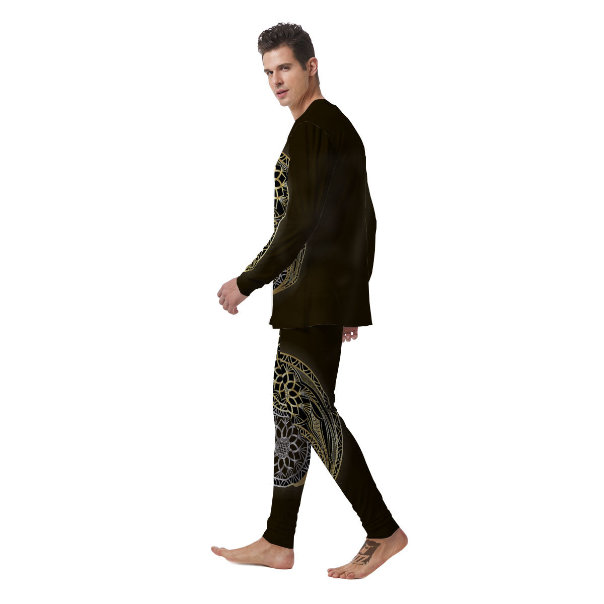 Yin Yang Flower Grey And Gold Print Men's Pajamas-grizzshop