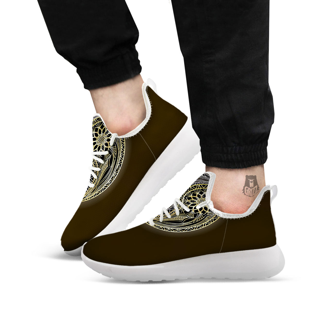 Yin Yang Flower Grey And Gold Print White Athletic Shoes-grizzshop