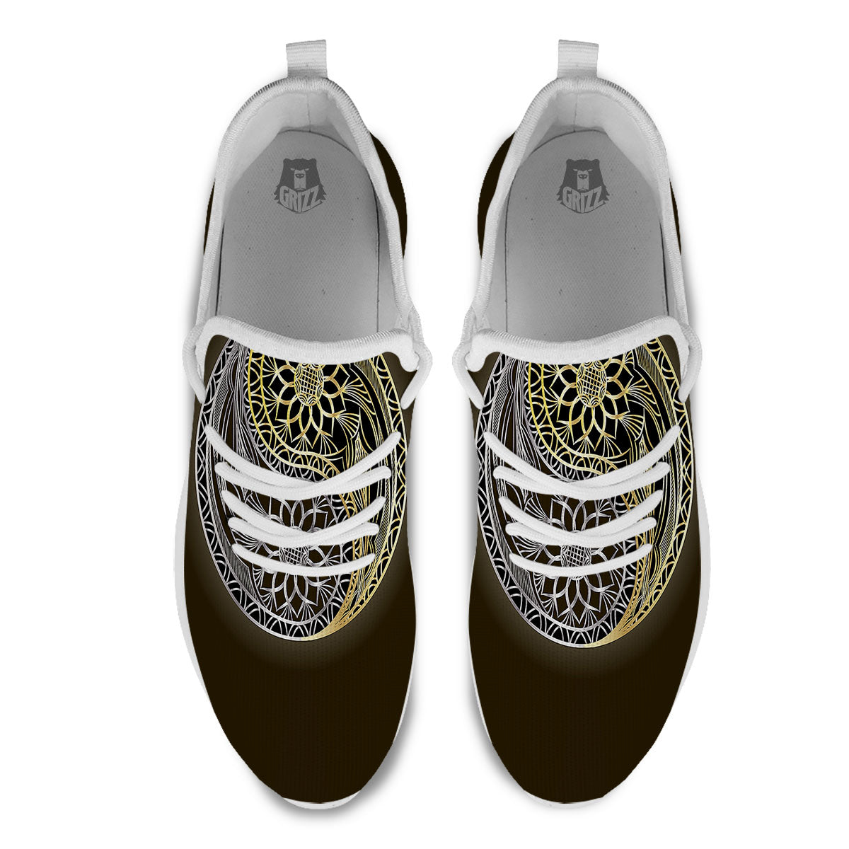 Yin Yang Flower Grey And Gold Print White Athletic Shoes-grizzshop