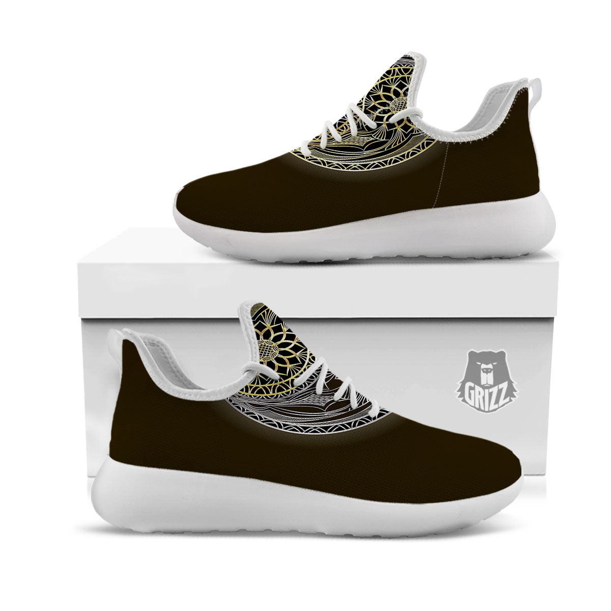 Yin Yang Flower Grey And Gold Print White Athletic Shoes-grizzshop
