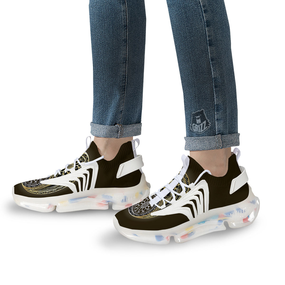 Yin Yang Flower Grey And Gold Print White Gym Shoes-grizzshop