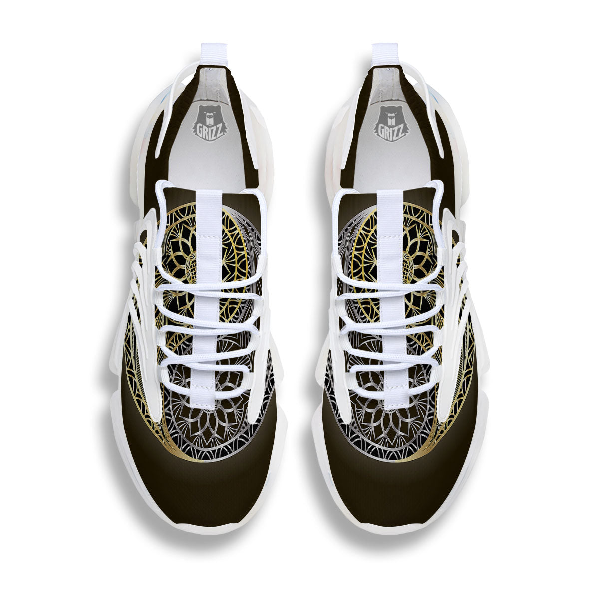 Yin Yang Flower Grey And Gold Print White Gym Shoes-grizzshop