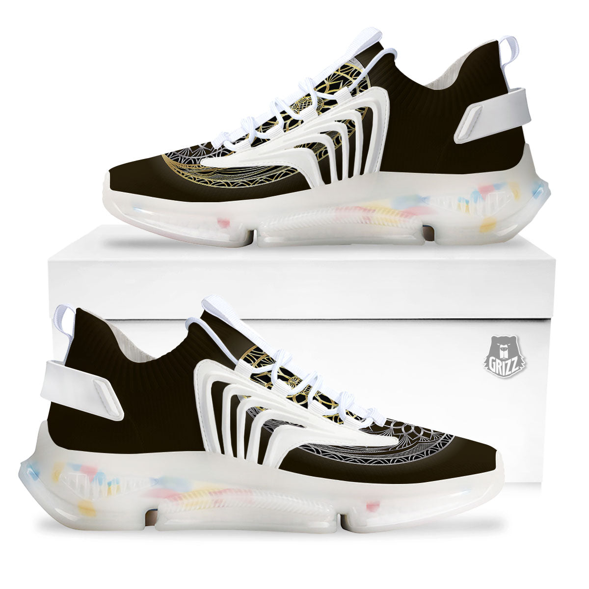 Yin Yang Flower Grey And Gold Print White Gym Shoes-grizzshop