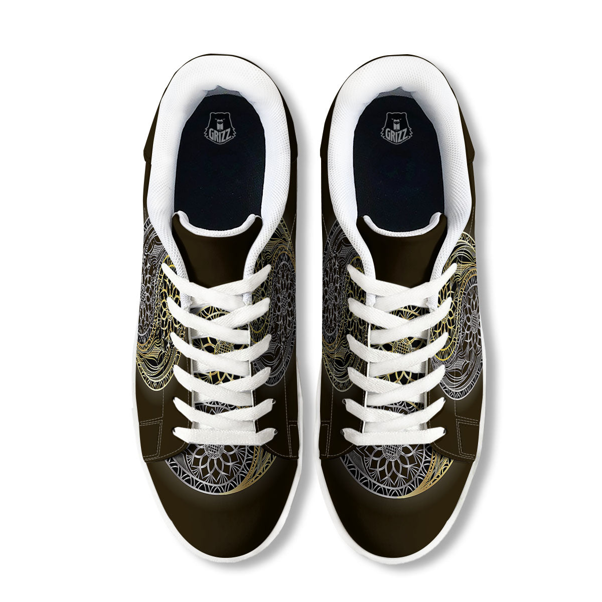 Yin Yang Flower Grey And Gold Print White Low Top Sneakers-grizzshop