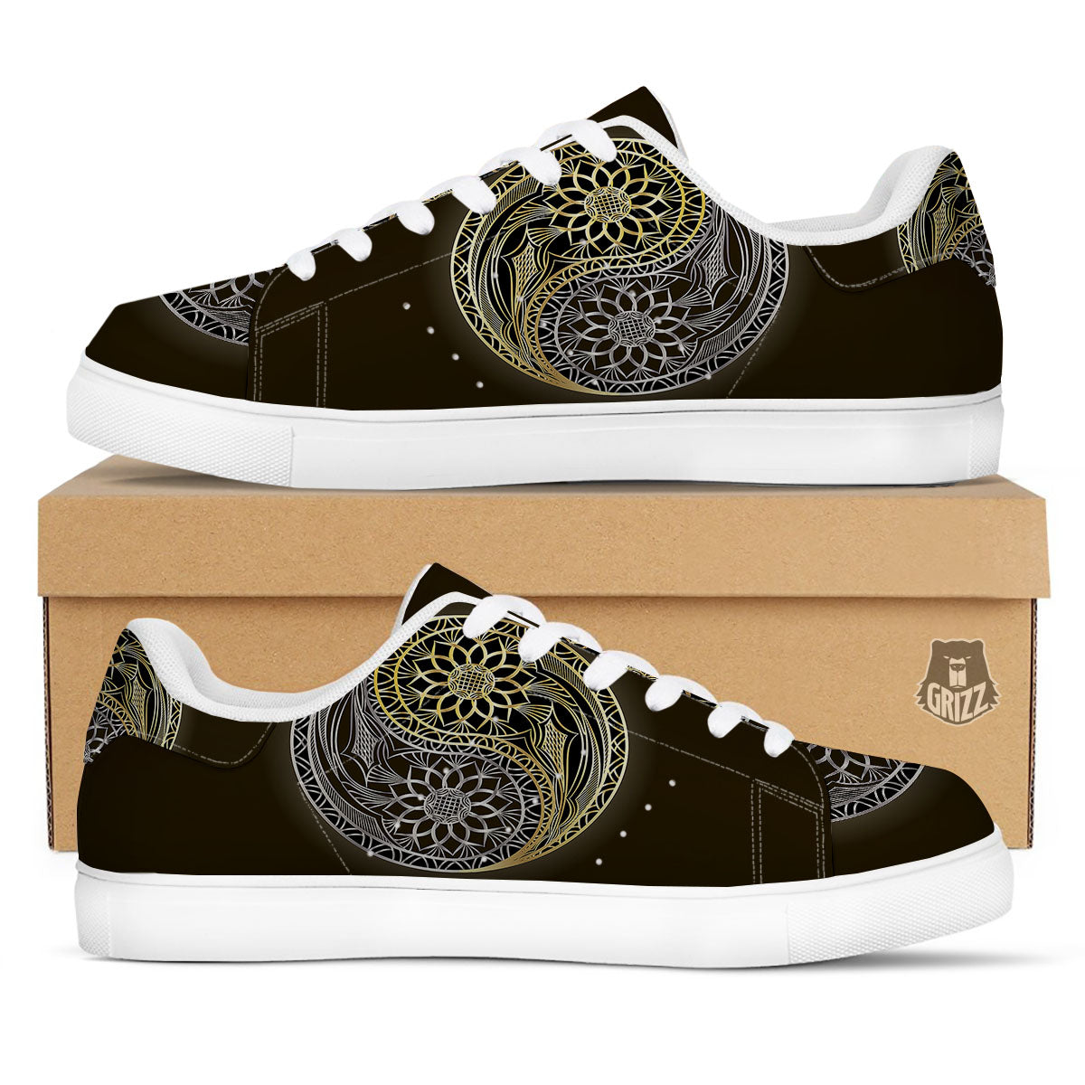 Yin Yang Flower Grey And Gold Print White Low Top Sneakers-grizzshop