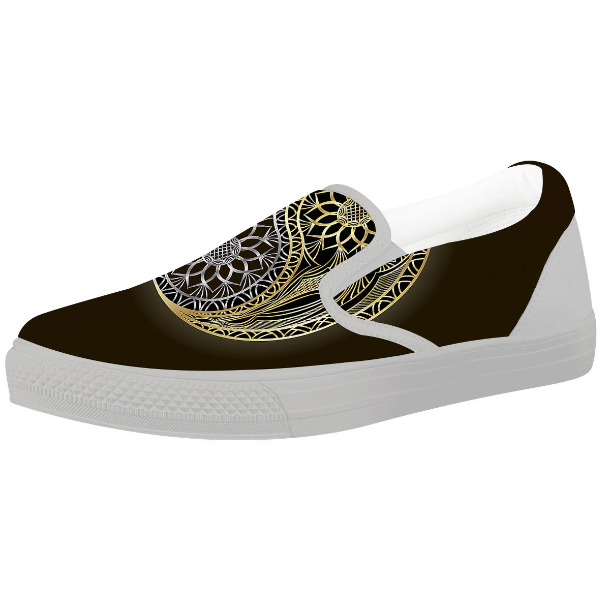 Yin Yang Flower Grey And Gold Print White Slip On Shoes-grizzshop