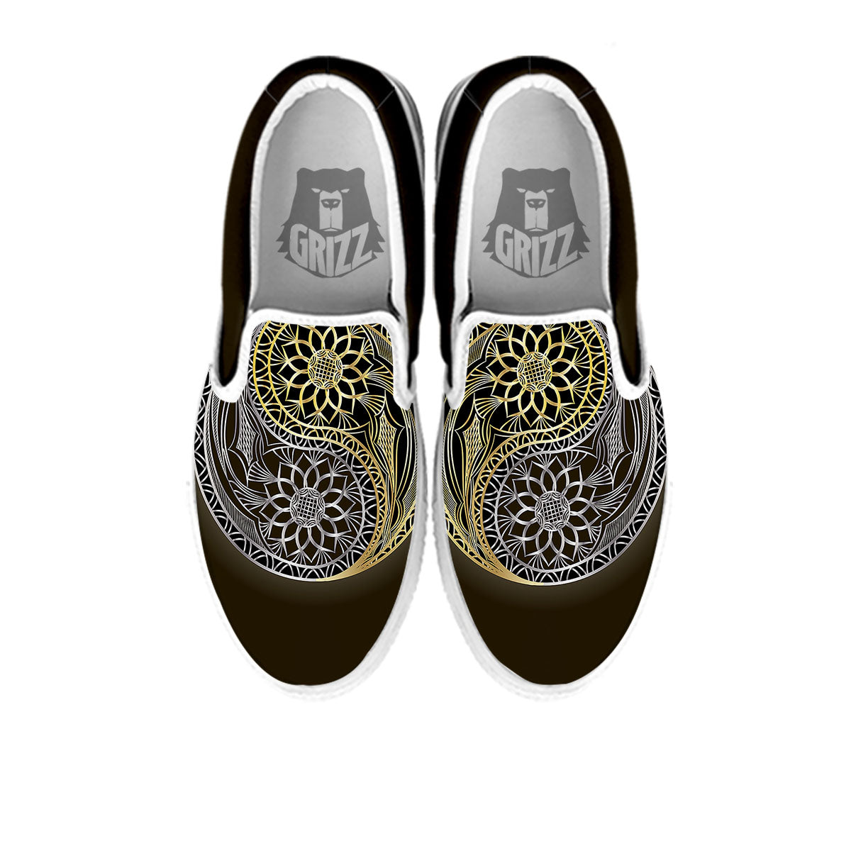 Yin Yang Flower Grey And Gold Print White Slip On Shoes-grizzshop