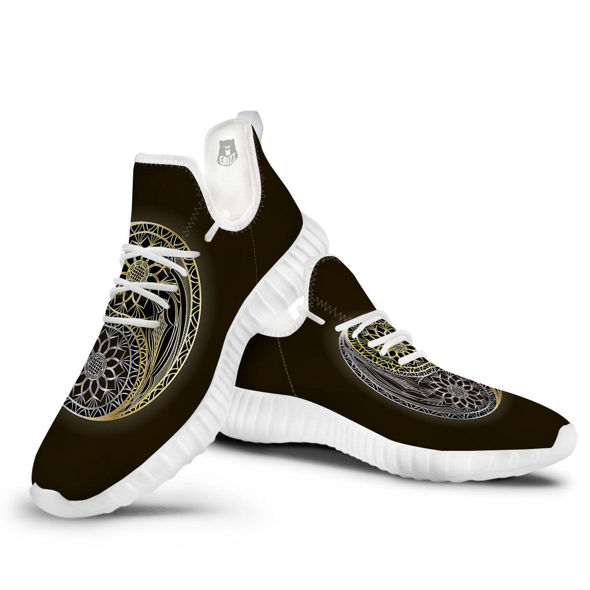 Yin Yang Flower Grey And Gold Print White Walking Shoes-grizzshop