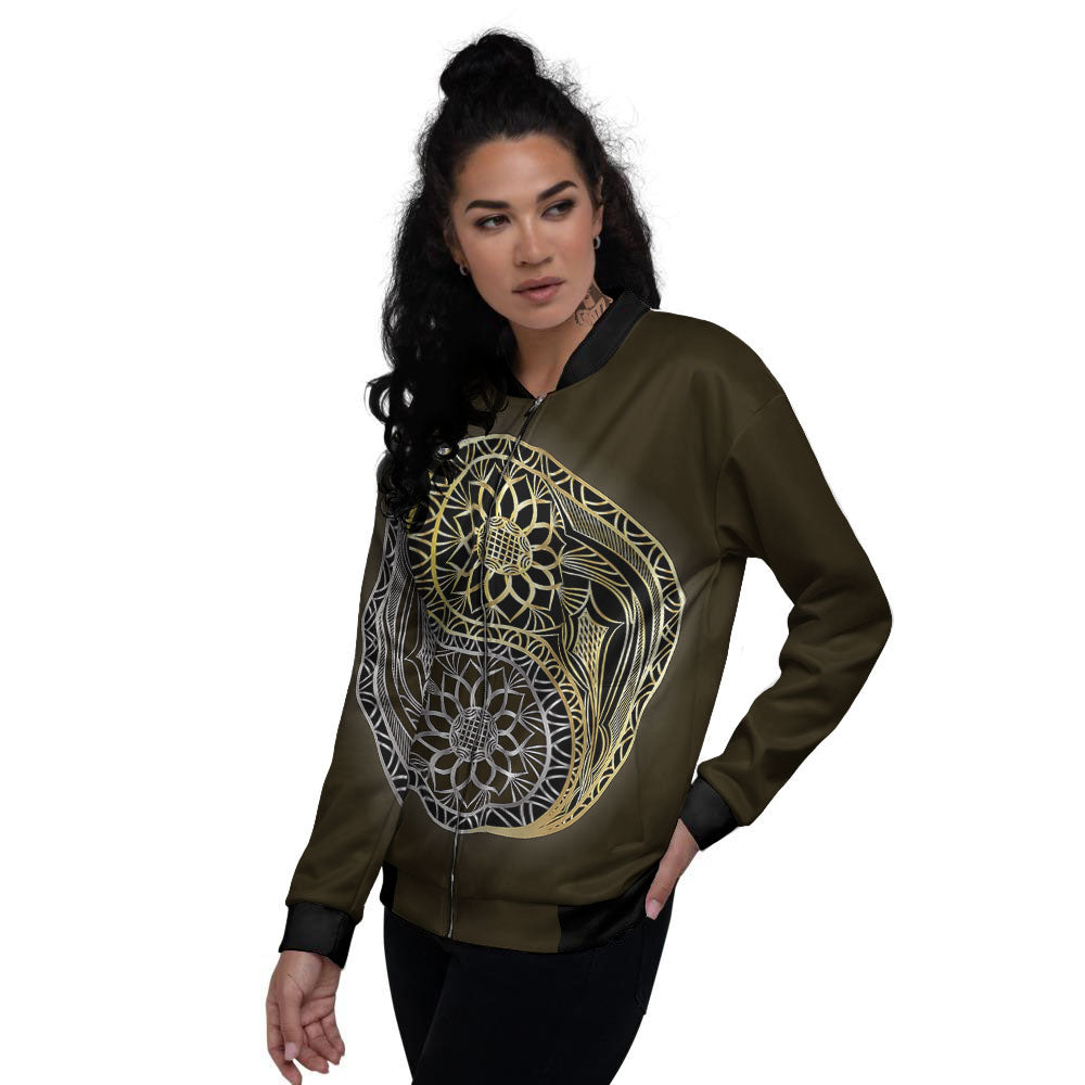 Yin Yang Flower Grey And Gold Print Women's Bomber Jacket-grizzshop