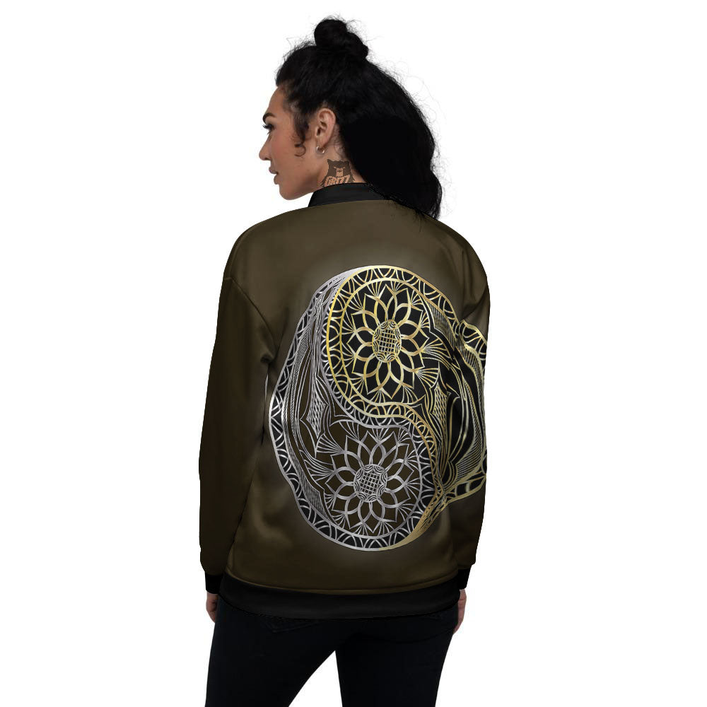 Yin Yang Flower Grey And Gold Print Women's Bomber Jacket-grizzshop