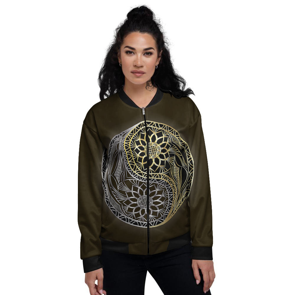 Yin Yang Flower Grey And Gold Print Women's Bomber Jacket-grizzshop