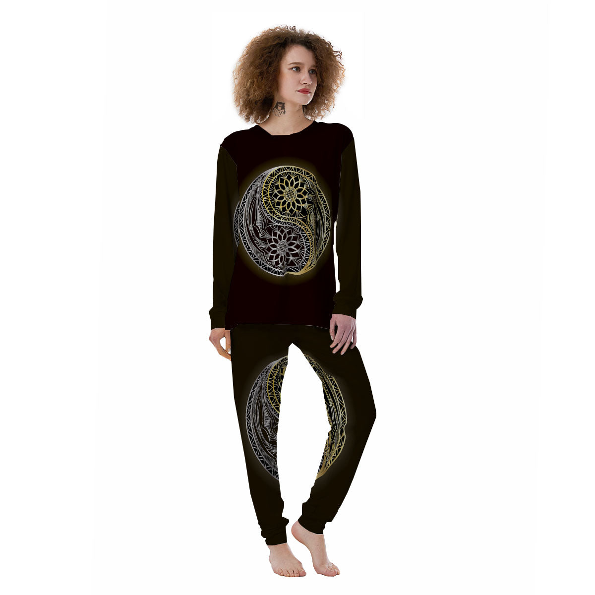 Yin Yang Flower Grey And Gold Print Women's Pajamas-grizzshop