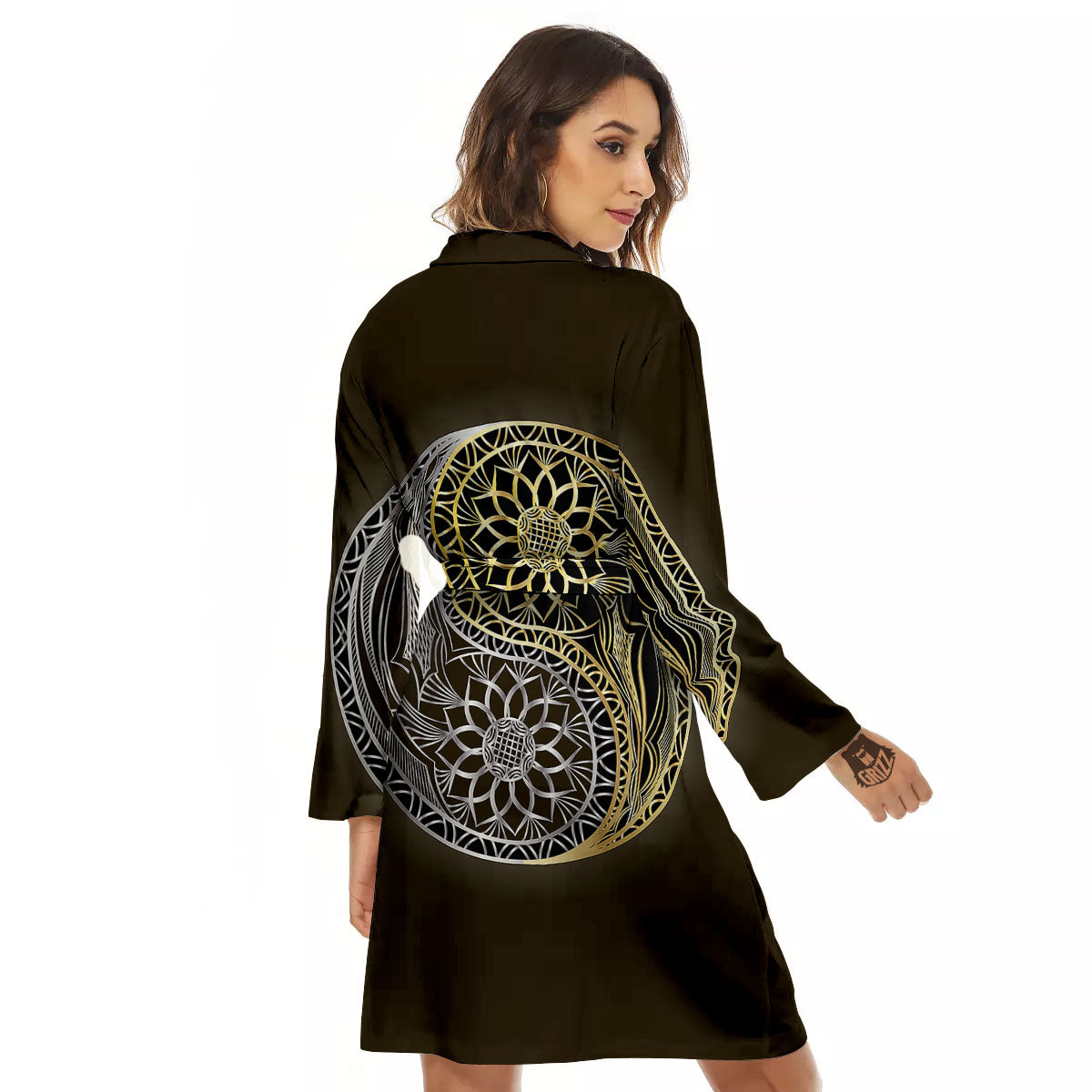 Yin Yang Flower Grey And Gold Print Women's Robe-grizzshop