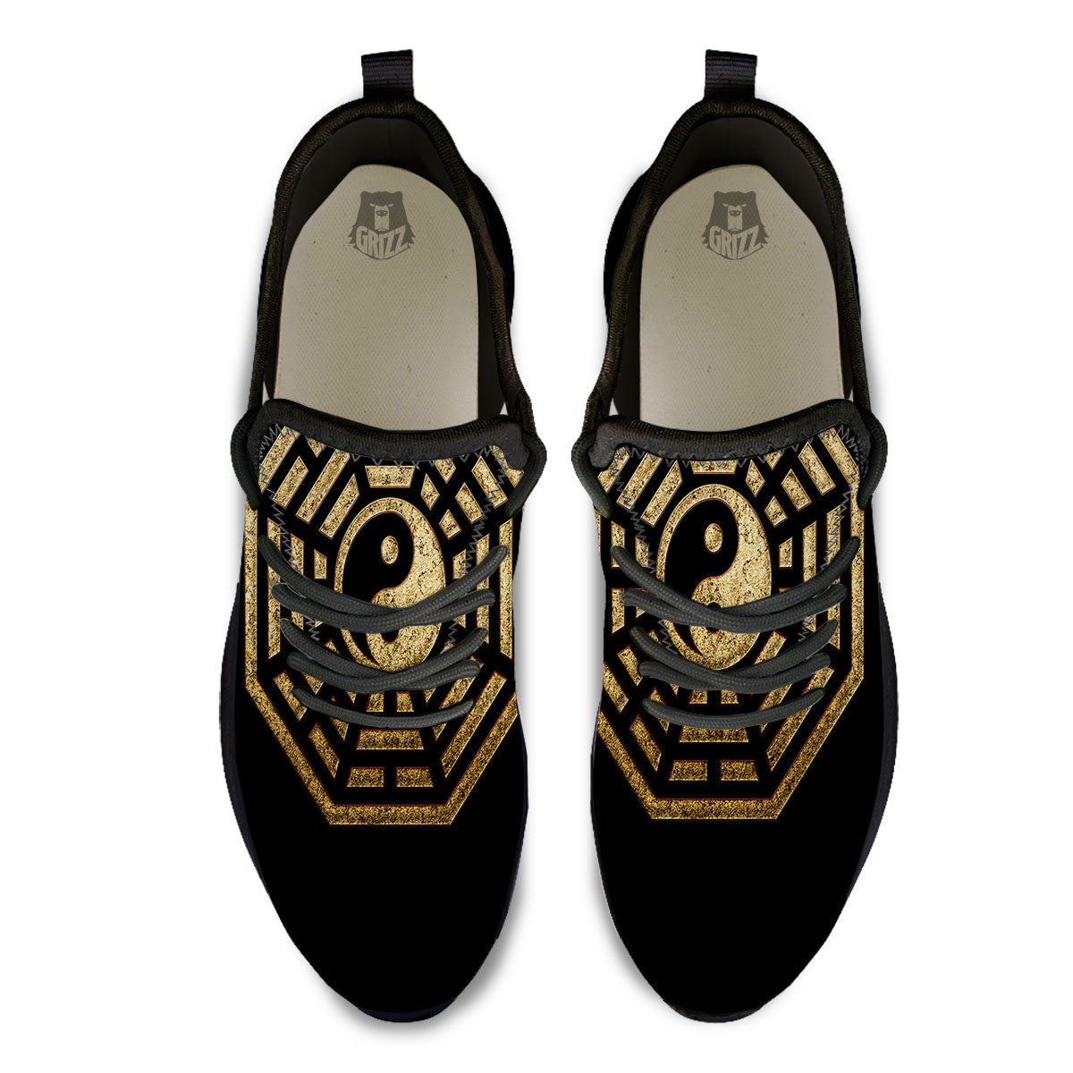 Yin Yang Gold Bagua Print Black Athletic Shoes-grizzshop