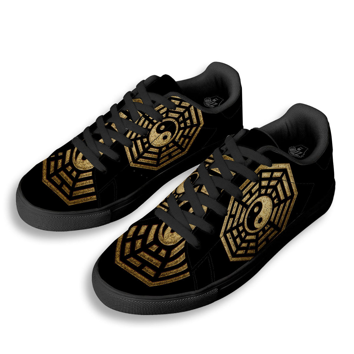 Yin Yang Gold Bagua Print Black Low Top Sneakers-grizzshop