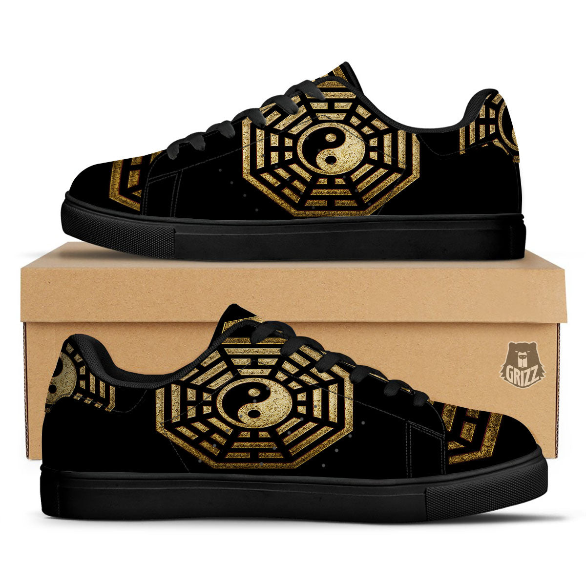 Yin Yang Gold Bagua Print Black Low Top Sneakers-grizzshop