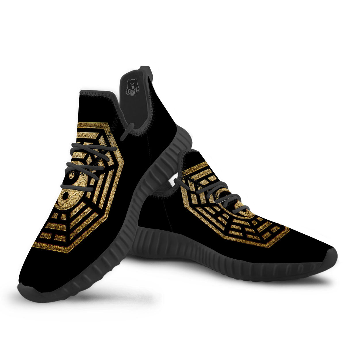 Yin Yang Gold Bagua Print Black Walking Shoes-grizzshop