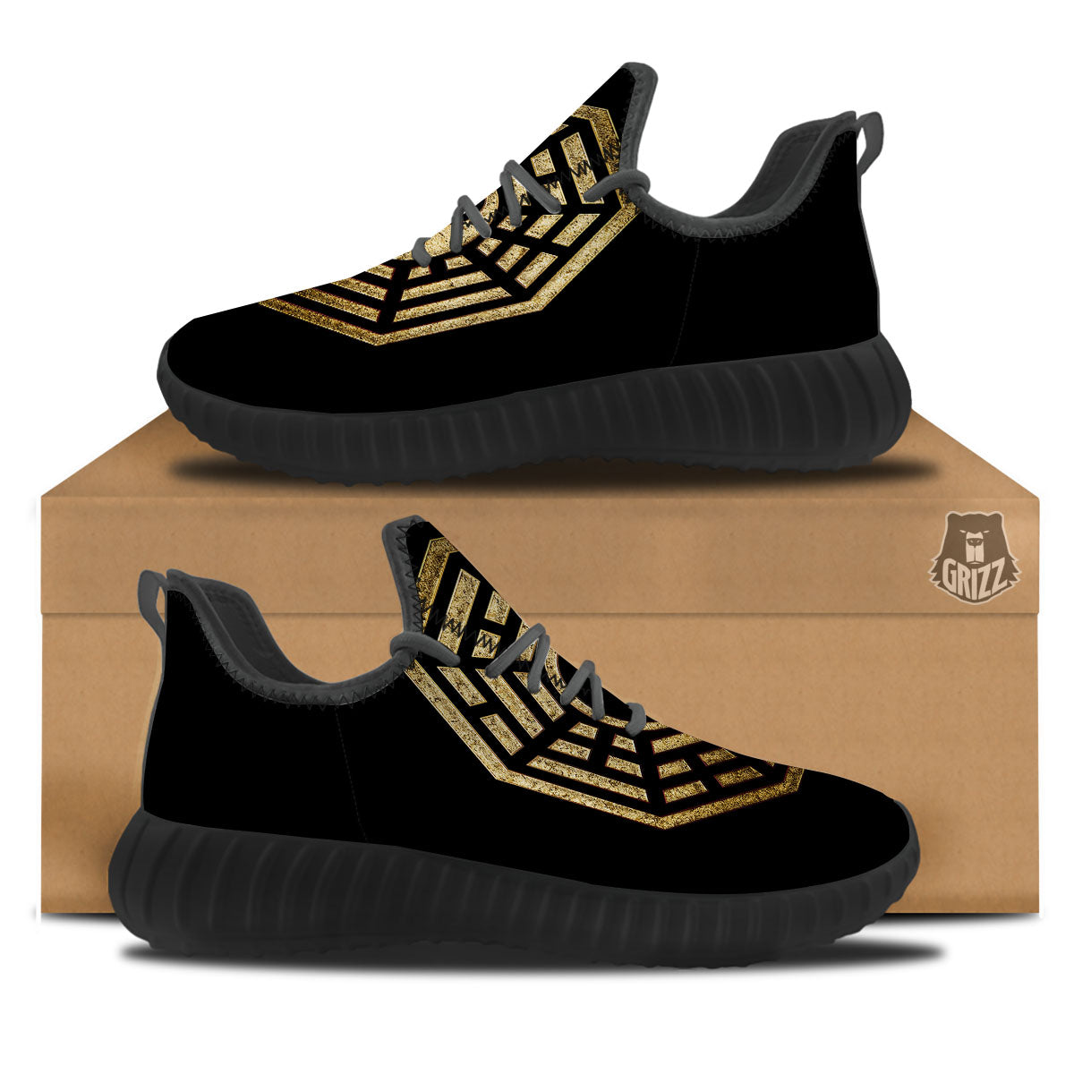 Yin Yang Gold Bagua Print Black Walking Shoes-grizzshop