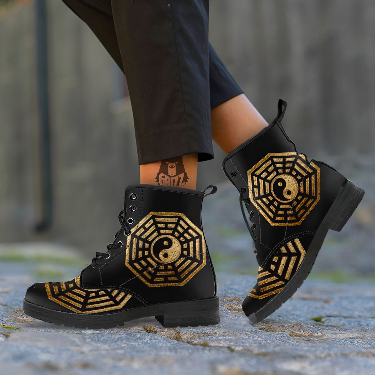 Yin Yang Gold Bagua Print Leather Boots-grizzshop