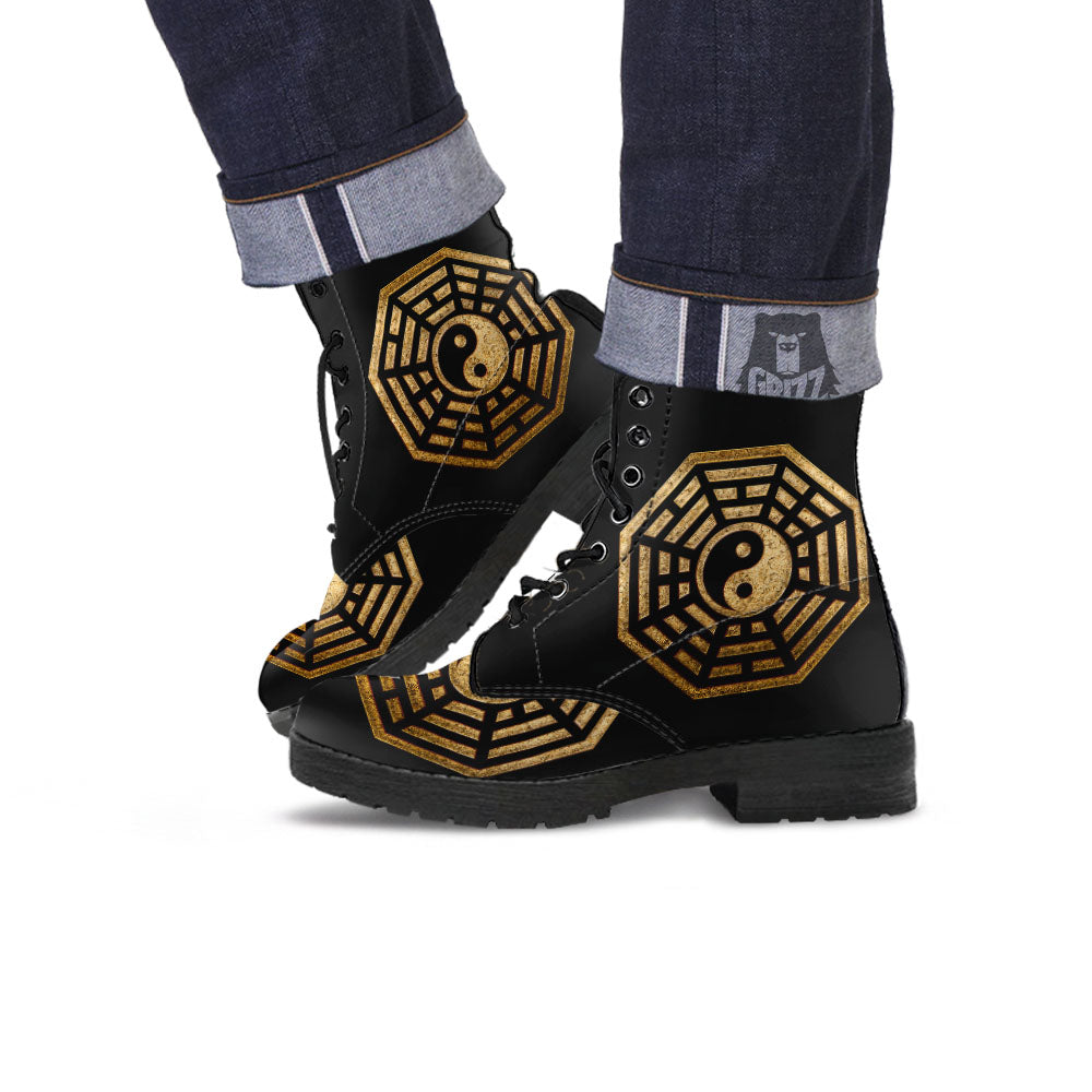 Yin Yang Gold Bagua Print Leather Boots-grizzshop
