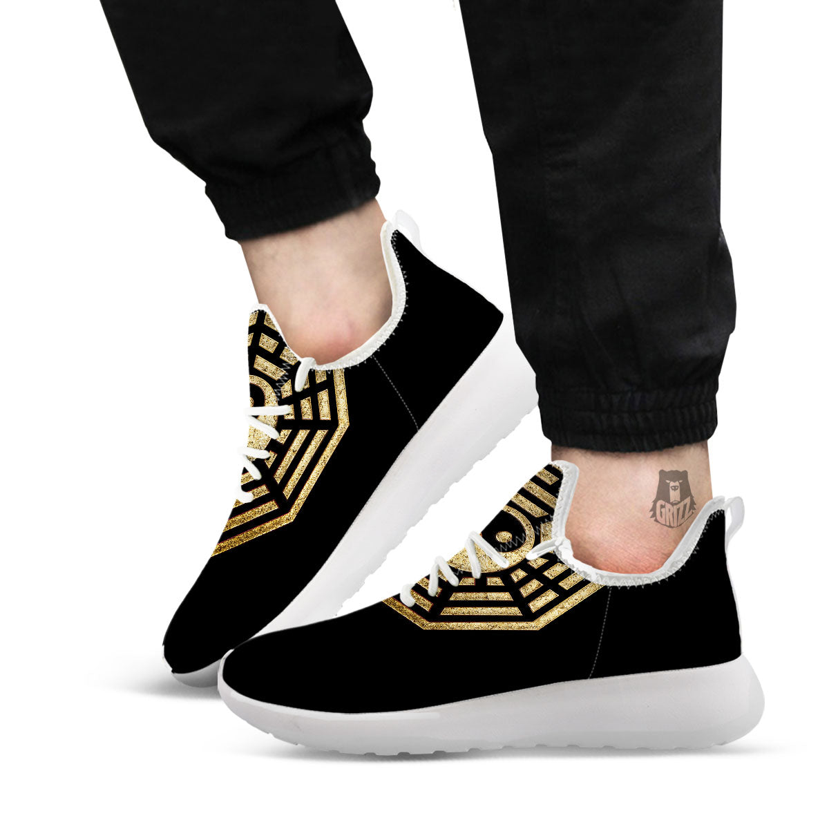 Yin Yang Gold Bagua Print White Athletic Shoes-grizzshop