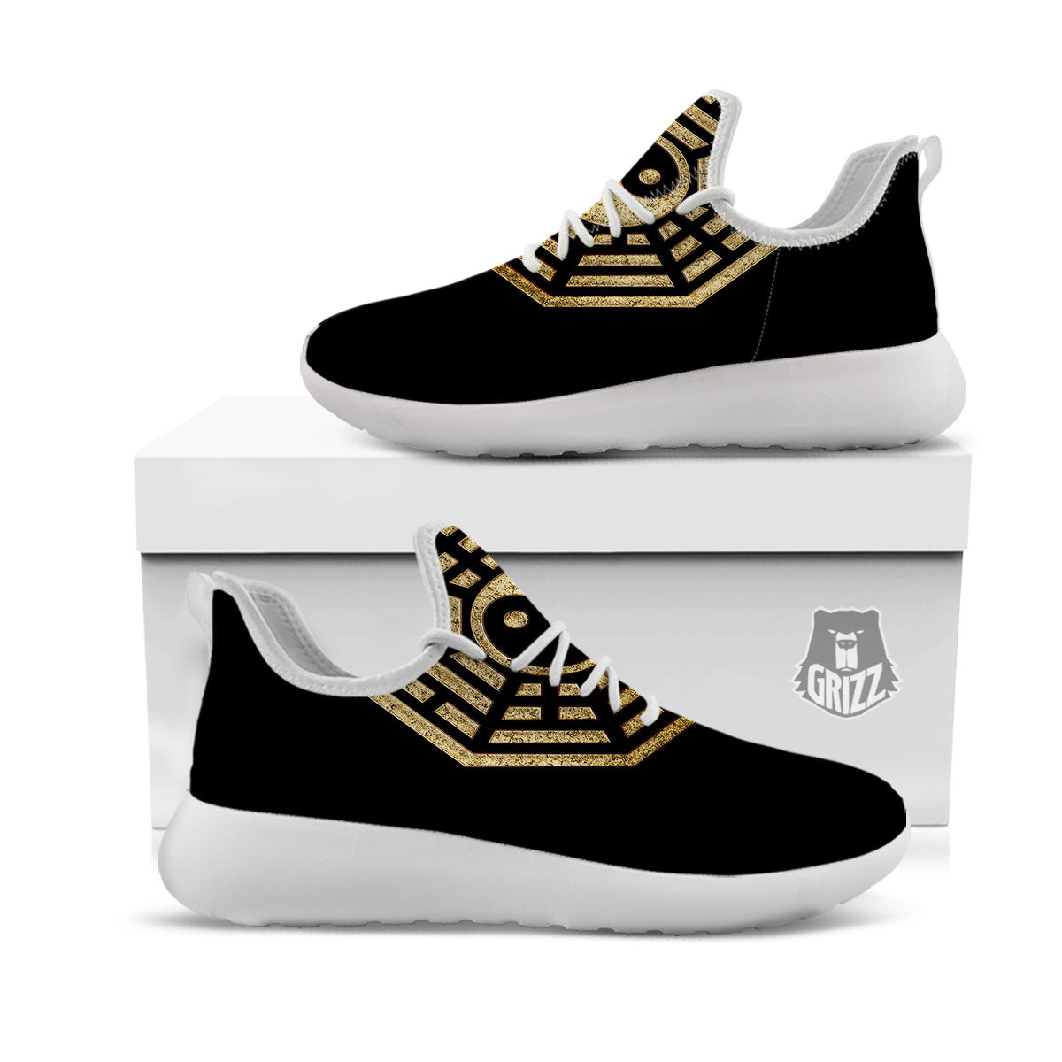 Yin Yang Gold Bagua Print White Athletic Shoes-grizzshop