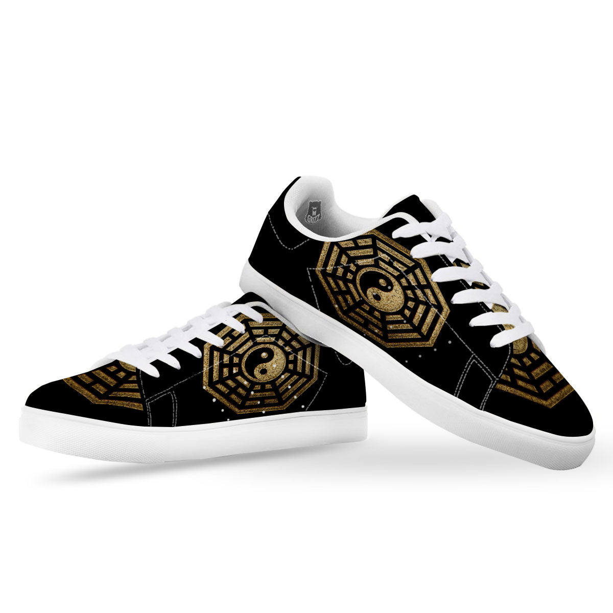 Yin Yang Gold Bagua Print White Low Top Sneakers-grizzshop