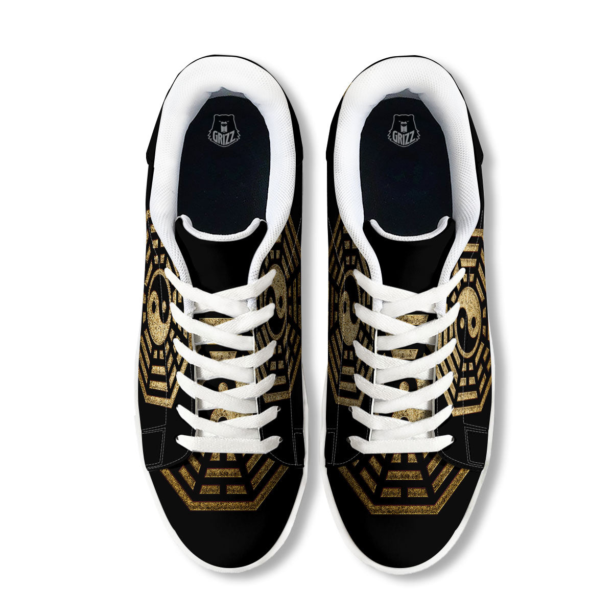 Yin Yang Gold Bagua Print White Low Top Sneakers-grizzshop