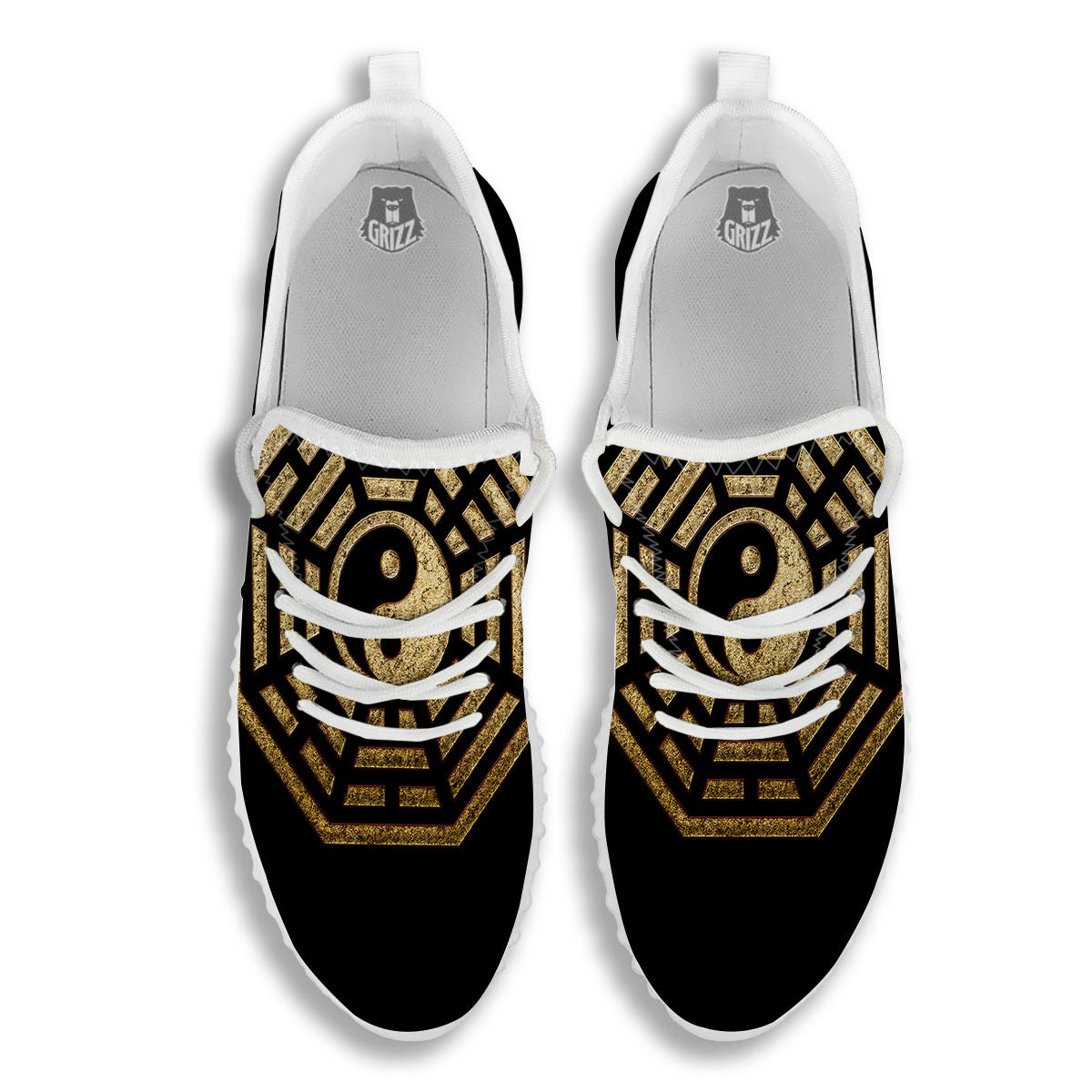 Yin Yang Gold Bagua Print White Walking Shoes-grizzshop