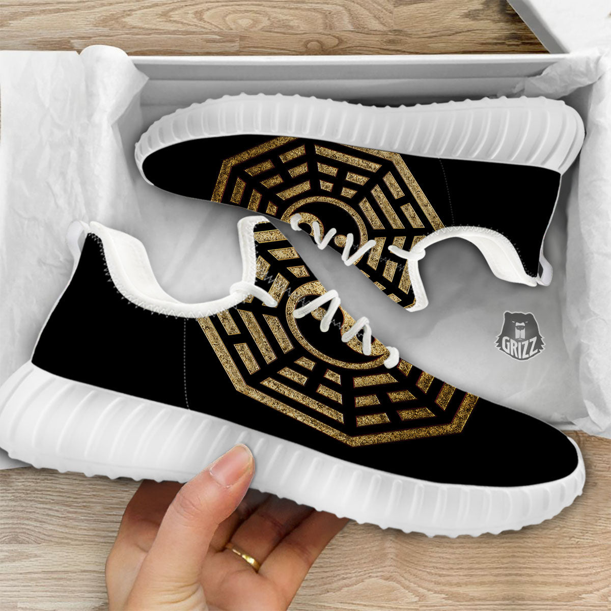 Yin Yang Gold Bagua Print White Walking Shoes-grizzshop