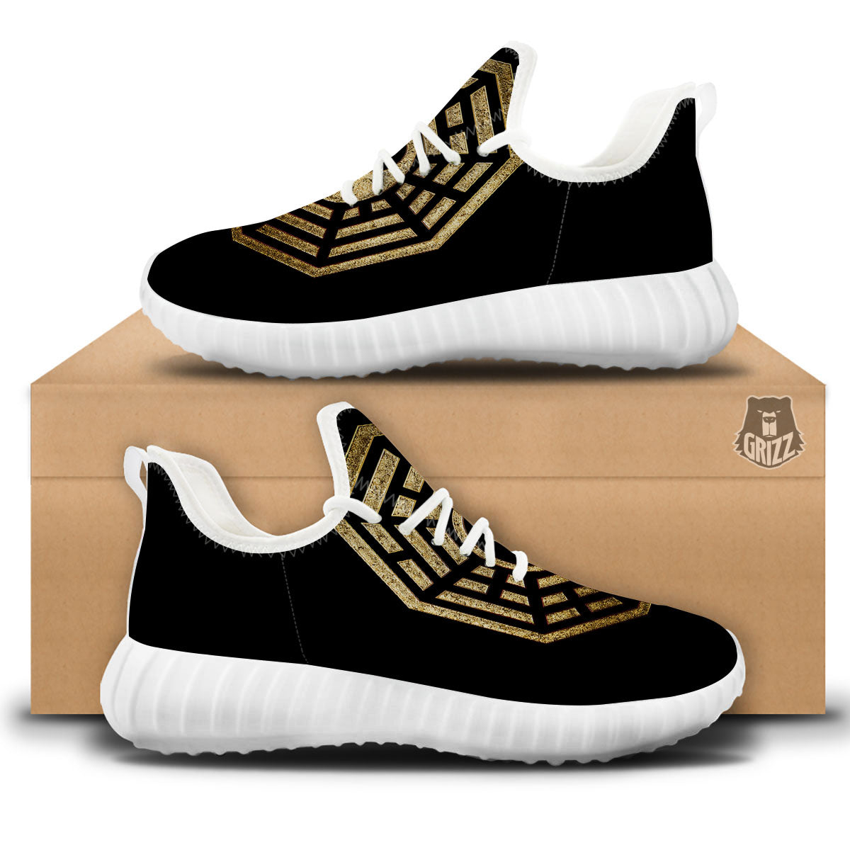 Yin Yang Gold Bagua Print White Walking Shoes-grizzshop